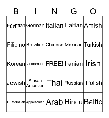 People of Different Heritages Bingo Card