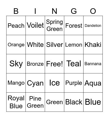 Color Bingo With 50 Colors! Bingo Card