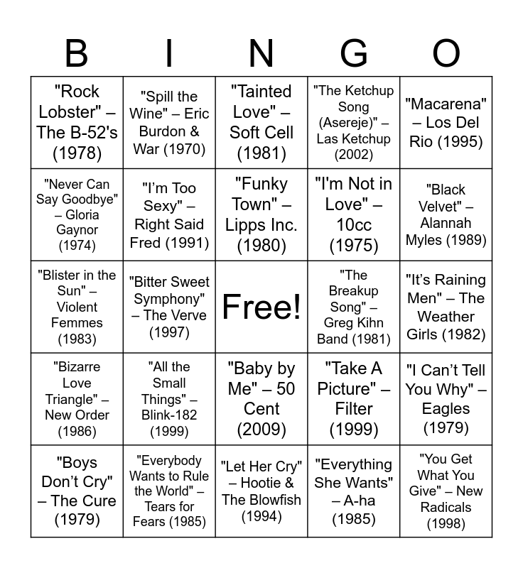 Music Bingo - Pub 72 - One Hit Wonders Bingo Card