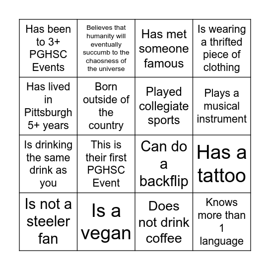 PGH Social Club friend bingo Card