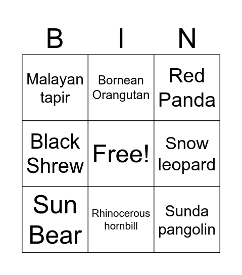 Endangered Animal Bingo Card