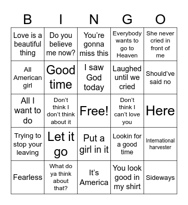 Top Country Songs 2008 Bingo Card