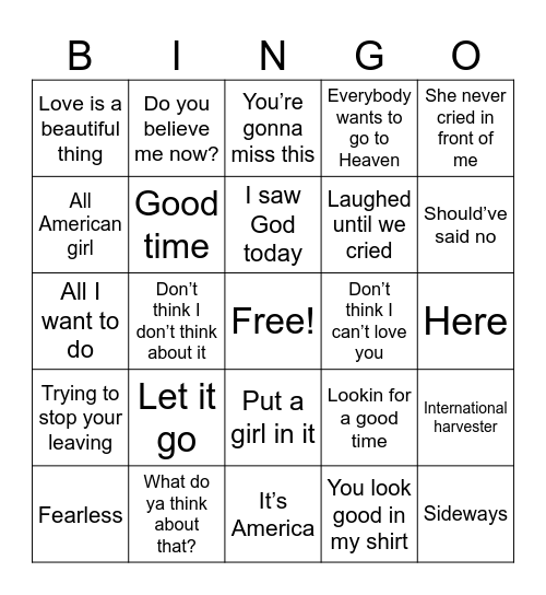 Top Country Songs 2008 Bingo Card