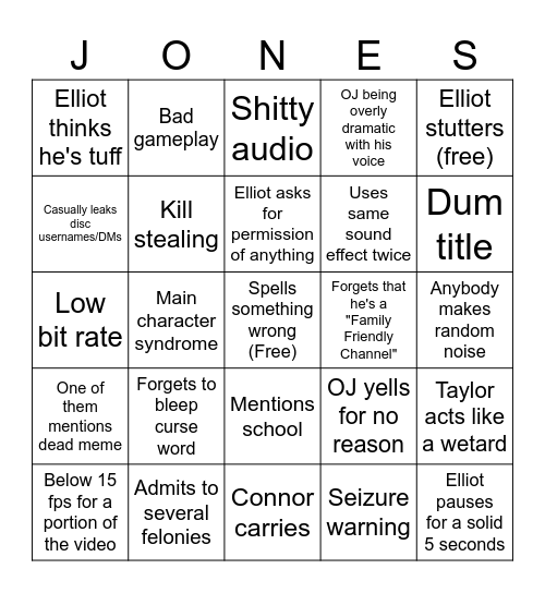 OJ Bingo Card