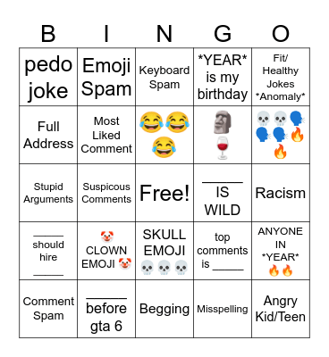 Youtube Comments Bingo Card