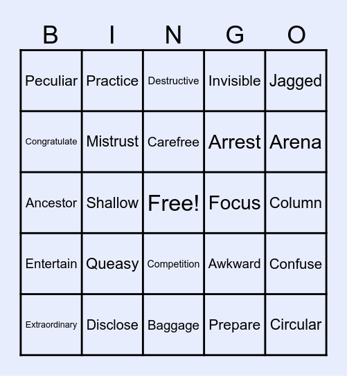 VOCABULARY BINGO Card