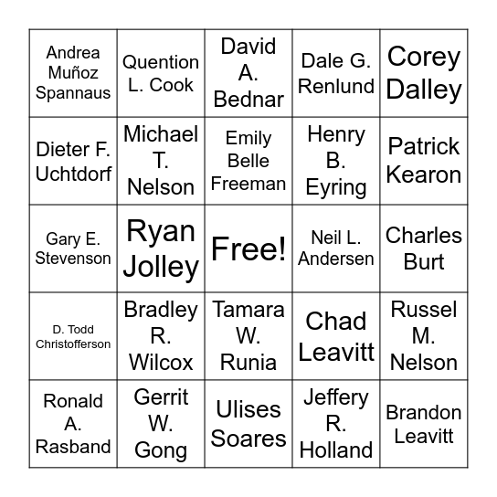 General Authority Bingo Card