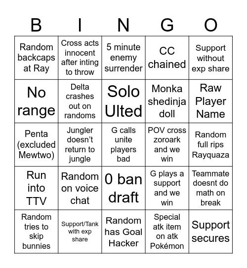 Solo/Duo/Trio Pokémon Unite Bingo Card