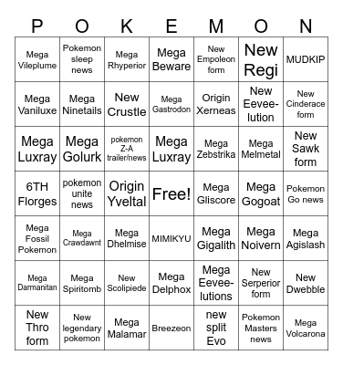 Pokemon Presents Bingo Card