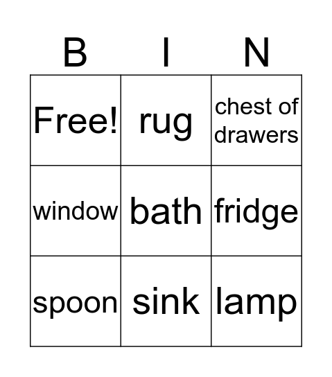 home vocabulary Bingo Card
