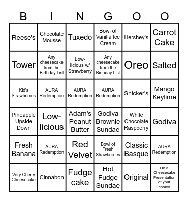 Cheesecake Bingo Card