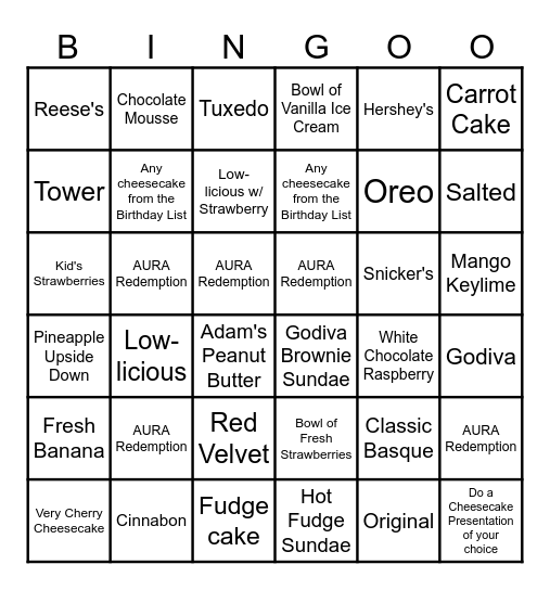 Cheesecake Bingo Card