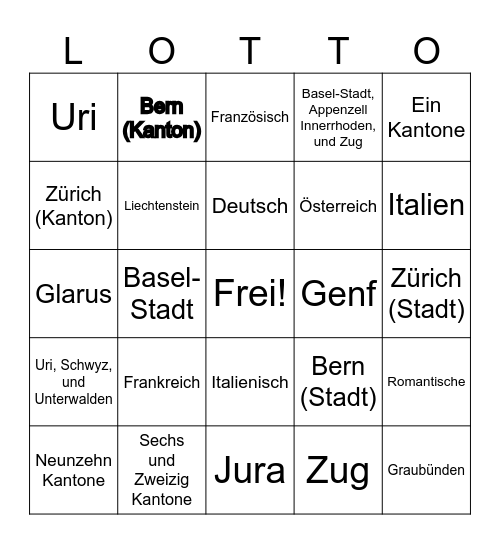 Die Kantone und Städte! Bingo Card