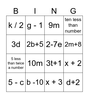 Translating Algebraic Expressions 2025 Bingo Card
