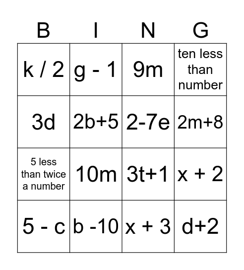Translating Algebraic Expressions 2025 Bingo Card