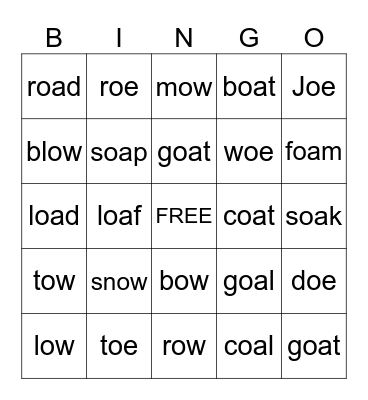 OA OE OW Bingo Card