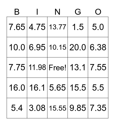 Decimal addition and subtraction Bingo Card