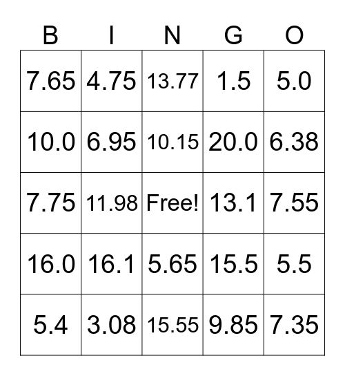 Decimal addition and subtraction Bingo Card