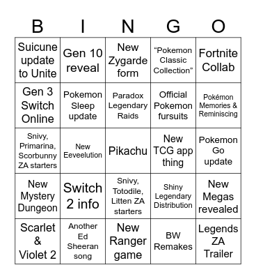 Pokemon Presents 2025 Bingo Card