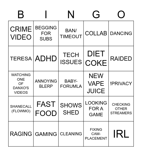SHANES BINGO Card
