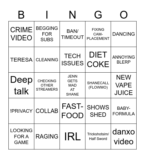 SHANES BINGO Card