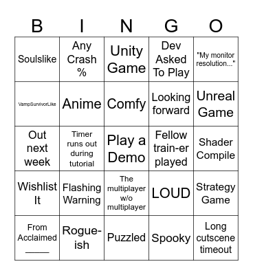 Steam Next Fest Demo Bingo Card