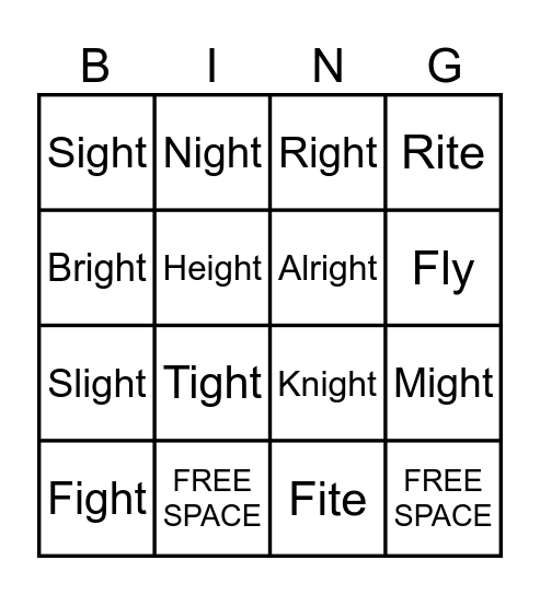 -Ight words Bingo Card
