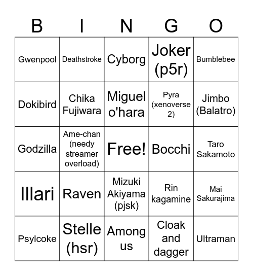 Comicon Bingo Card