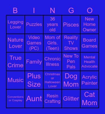 Pen Pals Bingo Card