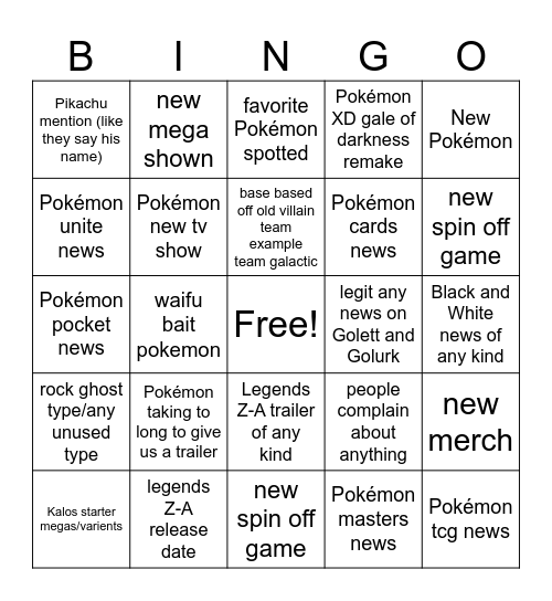 Pokémon Day list Bingo Card
