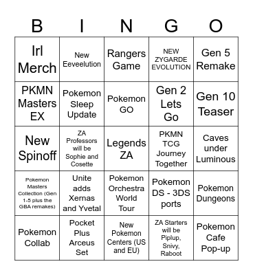 Pokemon Presents Bingo Card