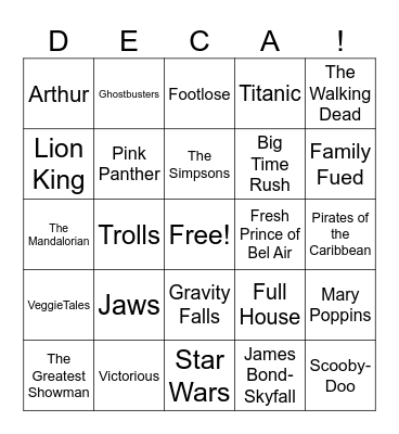 DECA AFTER DARK: MUSICAL BINGO TV and Movie Themes Bingo Card