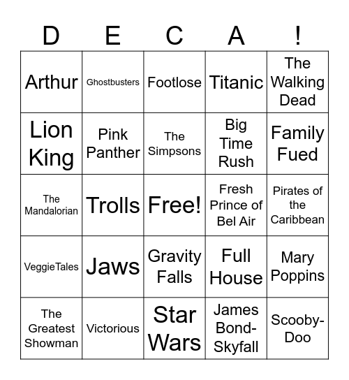 DECA AFTER DARK: MUSICAL BINGO TV and Movie Themes Bingo Card