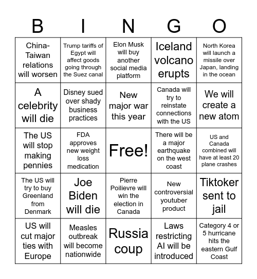 2025 Bingo Card Bingo Card