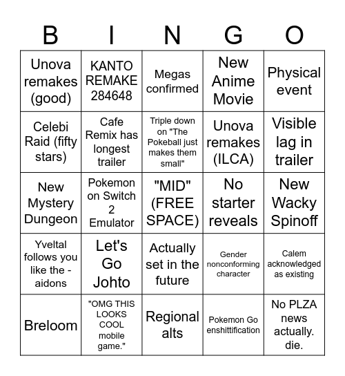 Pokemon Presents 2025 Bingo Card
