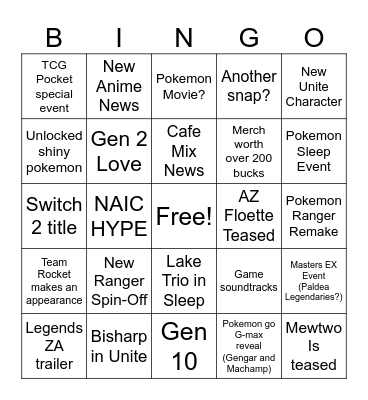 Pokemon Direct Bingo Card
