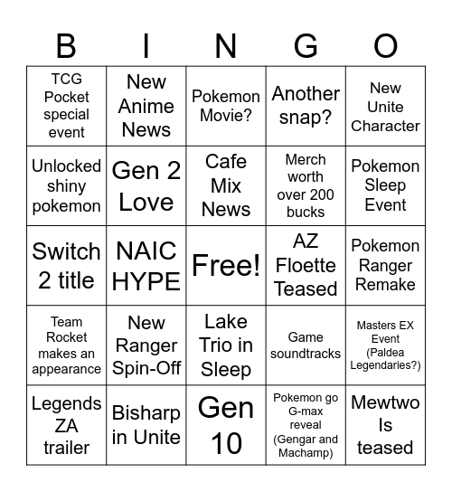 Pokemon Direct Bingo Card