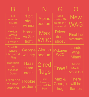 Aditya's F1 BINGO Card