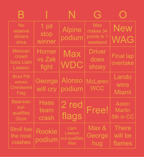 Aditya's F1 BINGO Card