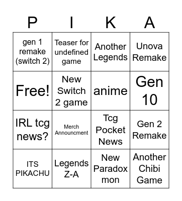 Pokemon day 2025 Bingo Card