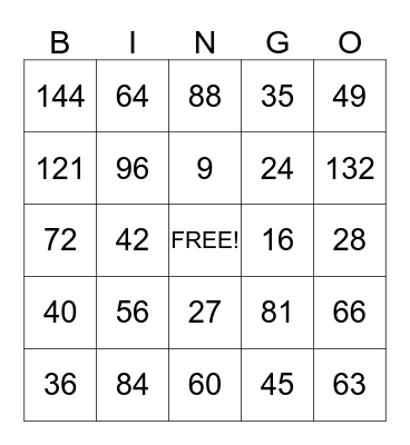 Multiplication Bingo Card
