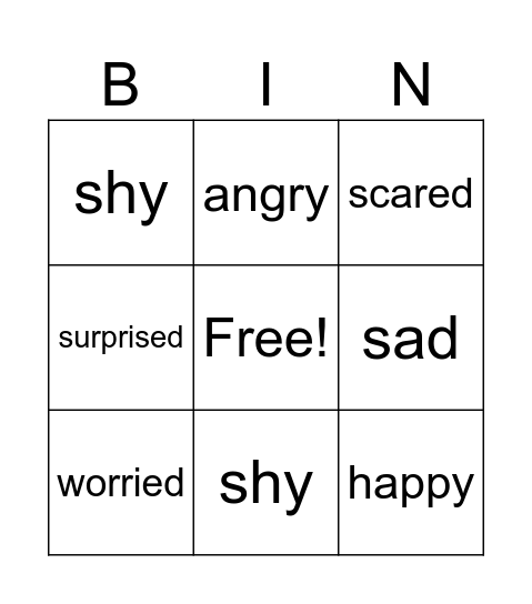 Feelings Bingo Card