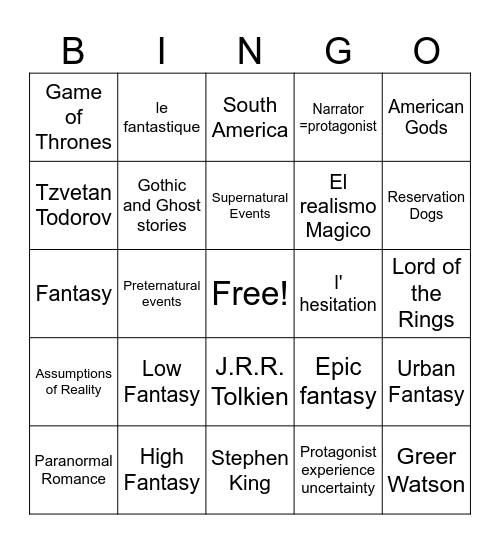 Fantasy, the Fantastic, and Magical Realism Bingo Card