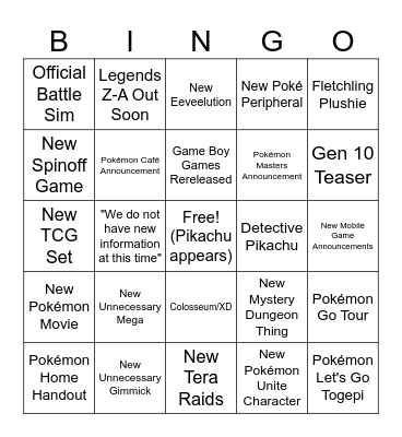 Pokemon Presents Predictions Bingo Card