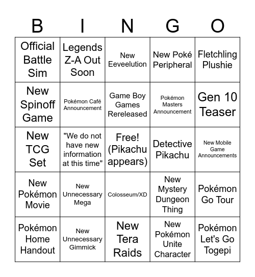 Pokemon Presents Predictions Bingo Card