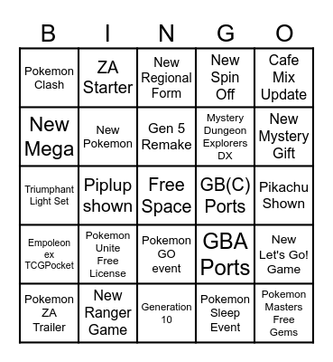 Pokemon Presents Bingo Card