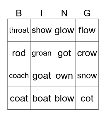 Long vowel "ow' and "oa" Bingo Card
