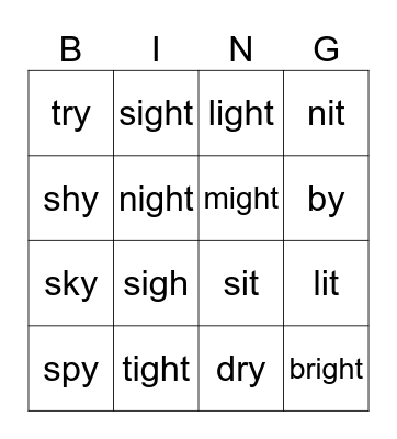 Long vowel "-y' and "igh" Bingo Card
