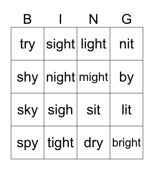 Long vowel "-y' and "igh" Bingo Card