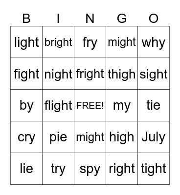 Long I Bingo (igh, y, ie) Bingo Card